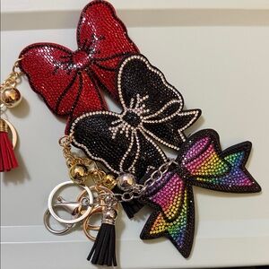 Rhinestone Bow Keychain Trio - Red, Black & Rainbow